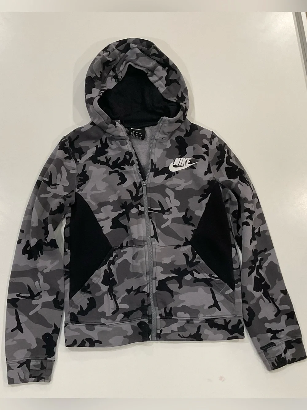 Nike Boys Gray Black Camo Full Zip Hoodie Sweatshirt Fleece Lined